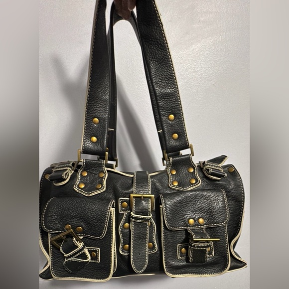 Danier Handbags - Vintage Danier Genuine Leather Black Pebbled Satchel Bag –Contrast Stitching Y2K